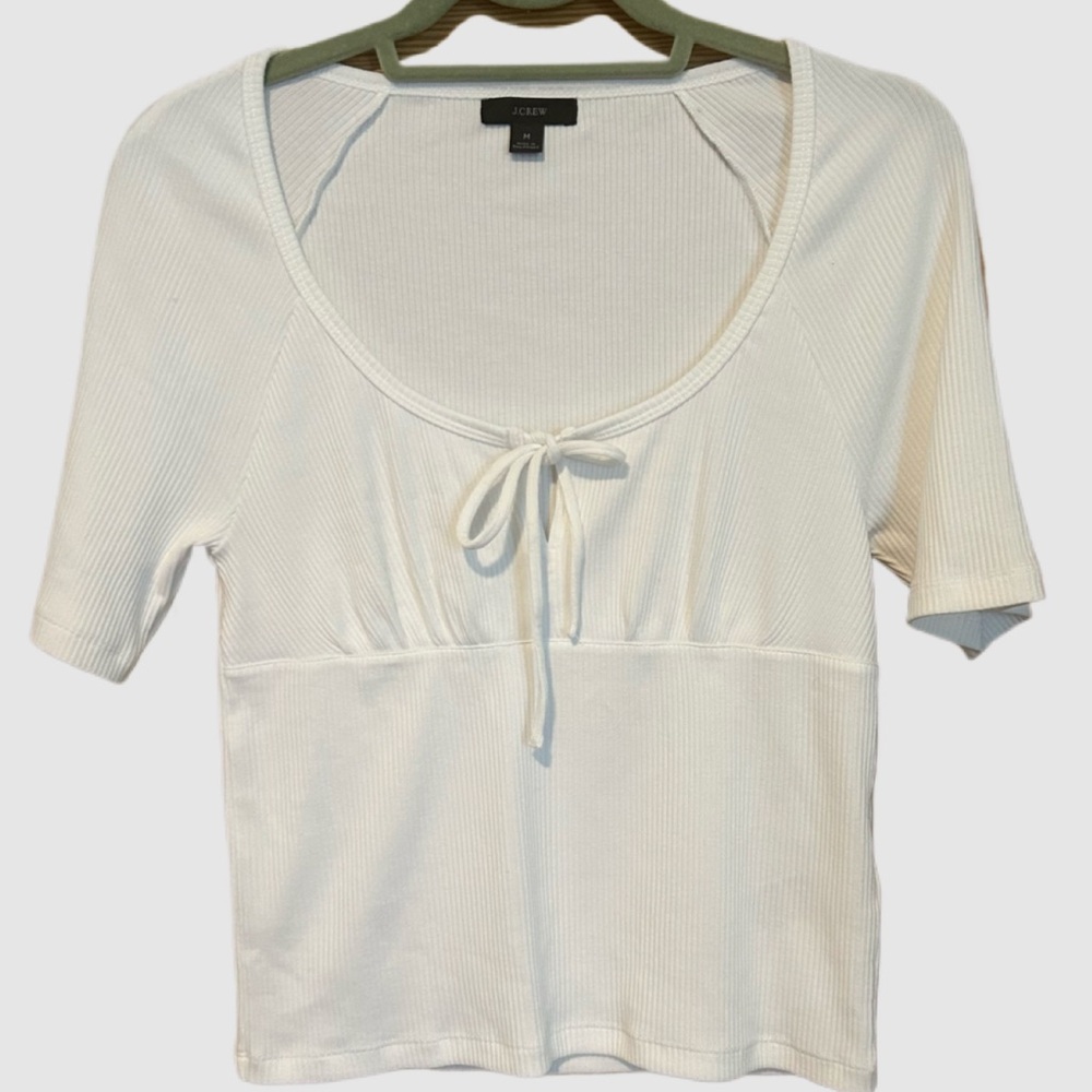 J. Crew White Fitted Ribbed Half Sleeve Shirt‎ with Bow Detail in Size M